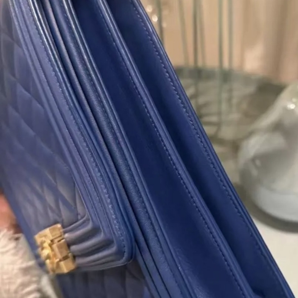 Chanel Boy North South Vertical Bag Blue Quilted Lambskin Gold HardwareAuthentic - Picture 6 of 17